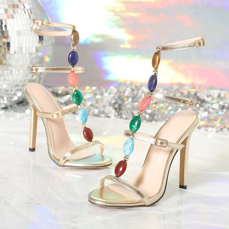 Fashion Colorful Beads Buckle Sandals Summer Stiletto High Heel Shoes Women Party Pumps