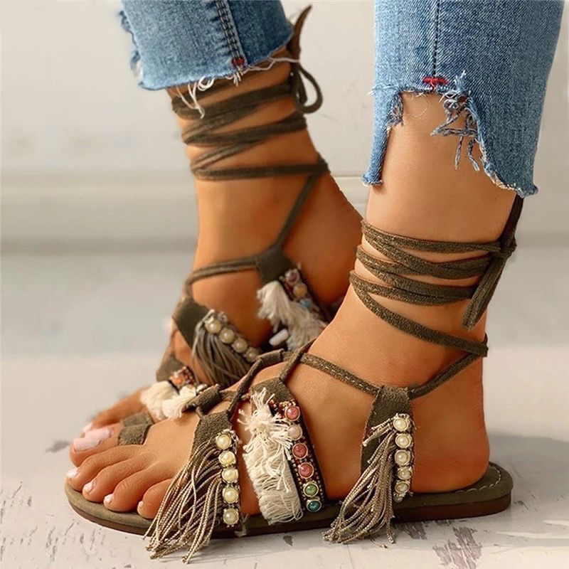 New Aliexpress Ethnic Style Straps Large Size Sandals Beaded Tassel Flat Bottom Women'S Shoes