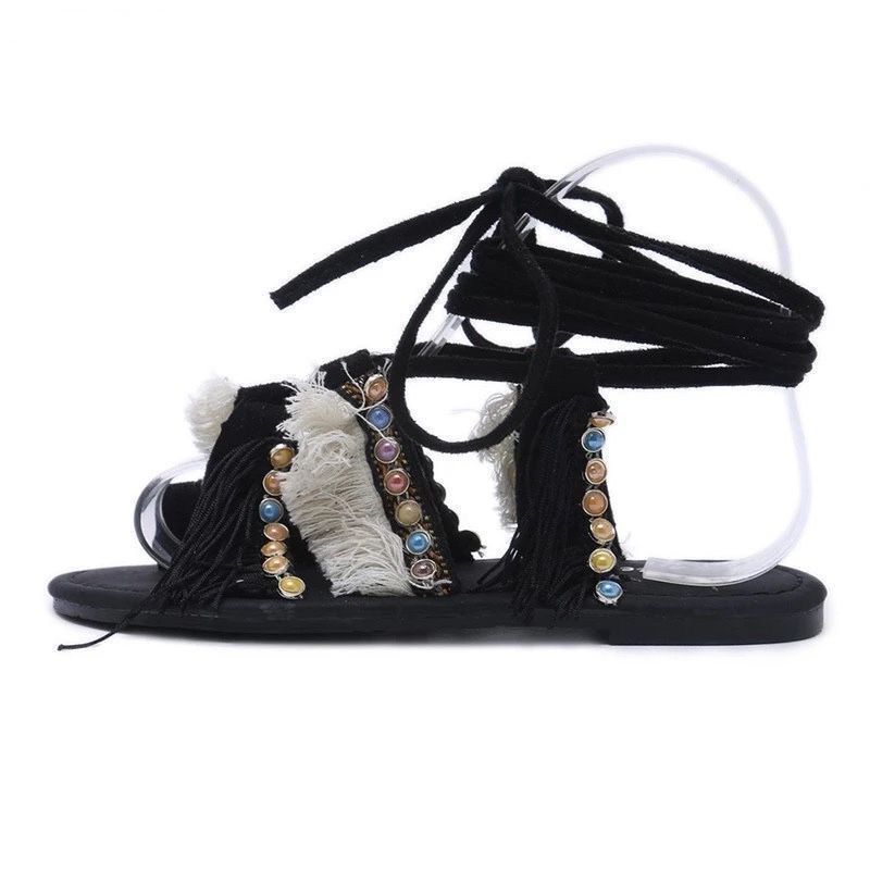 New Aliexpress Ethnic Style Straps Large Size Sandals Beaded Tassel Flat Bottom Women'S Shoes