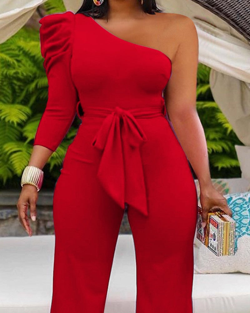 Solid Color Stitching Slant Shoulder Waist One-piece Wide-leg Pants