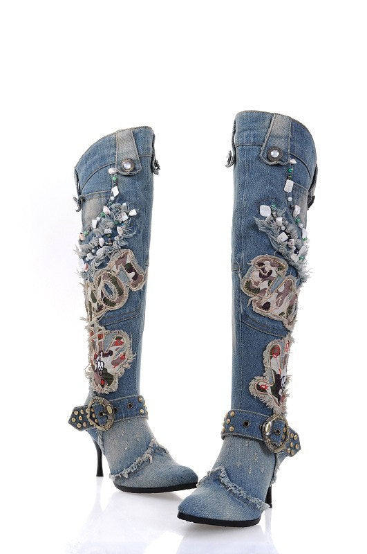 Women's String Beads High-heeled Denim Stiletto Heel