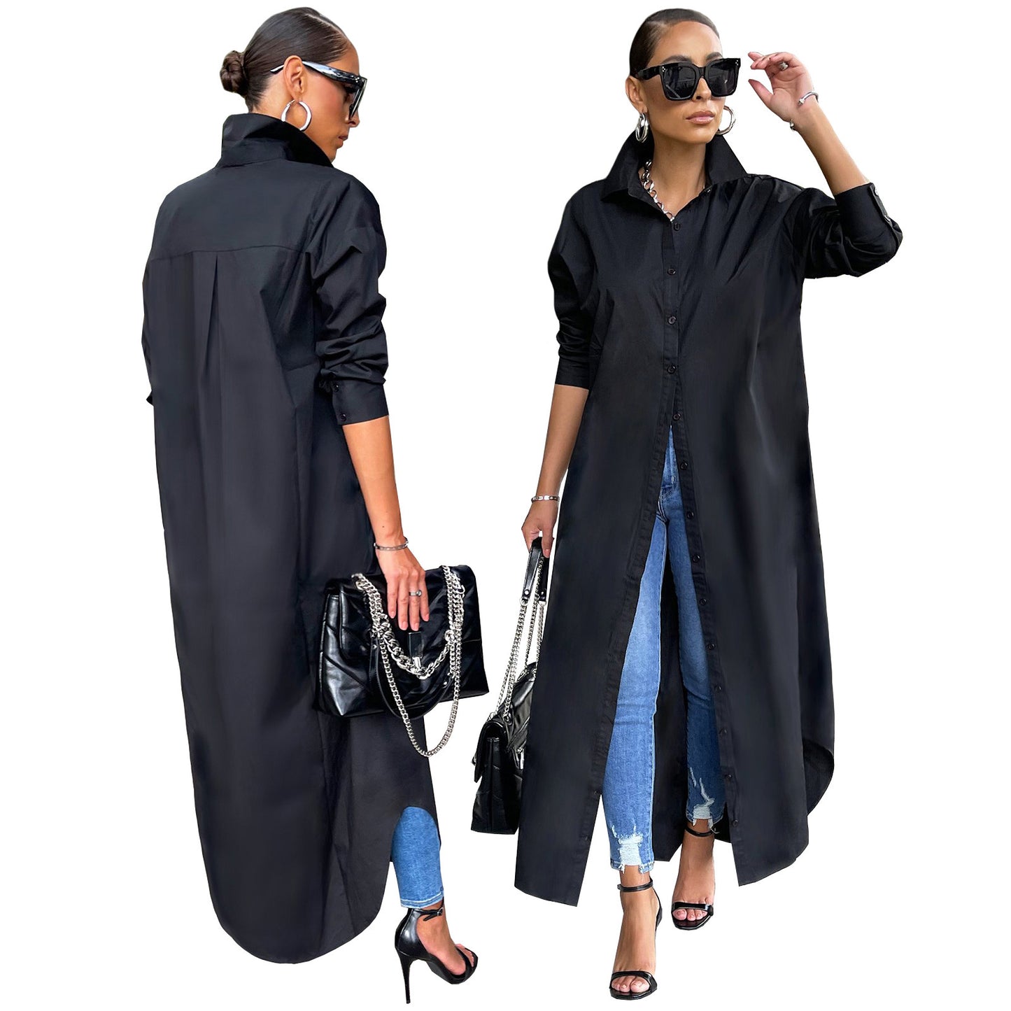 Women's Fashion Casual Solid Color Long Shirt Coat