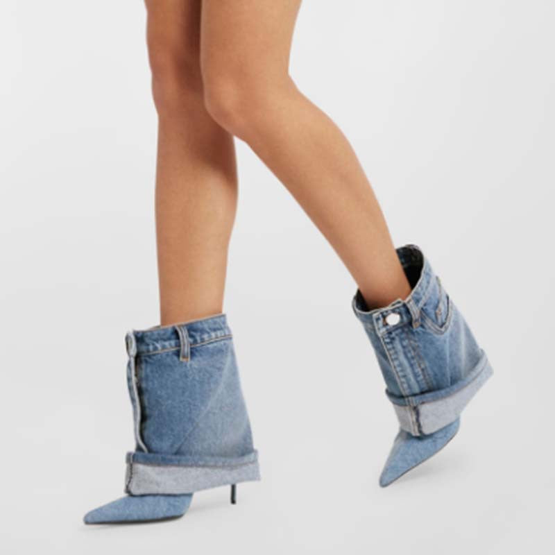 Pointed-toe Washed Denim Pantskirt Stiletto Heel Ankle Boots