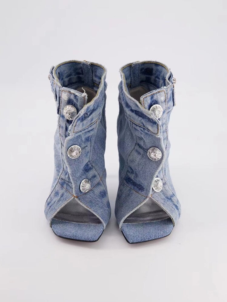 Short Boots High Heeled Rivets Denim Fabric Short Tube