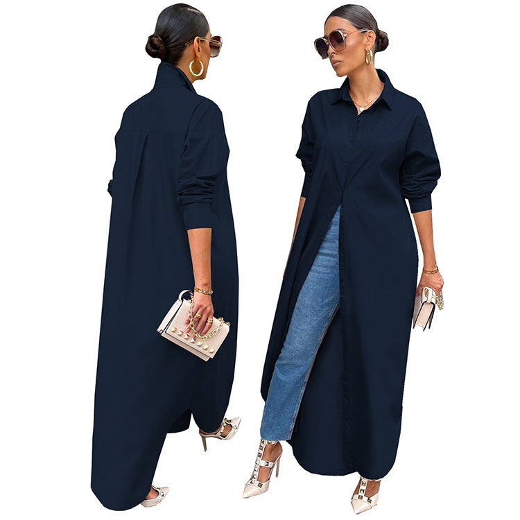 Women's Fashion Casual Solid Color Long Shirt Coat