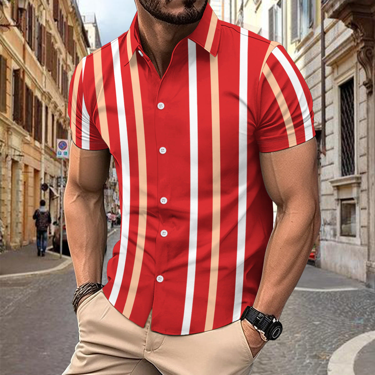 Casual Striped Printed Short Sleeve Shirt Summer Lapel Button Top Men's Clothing