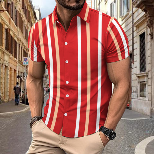 Casual Striped Printed Short Sleeve Shirt Summer Lapel Button Top Men's Clothing