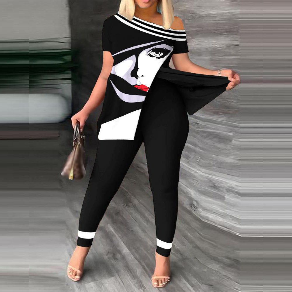 Split Print Short Sleeve Pants Set