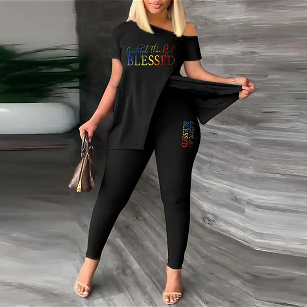 Split Print Short Sleeve Pants Set