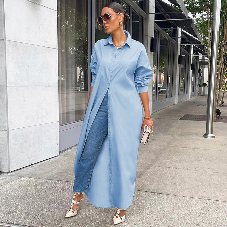 Women's Fashion Casual Solid Color Long Shirt Coat