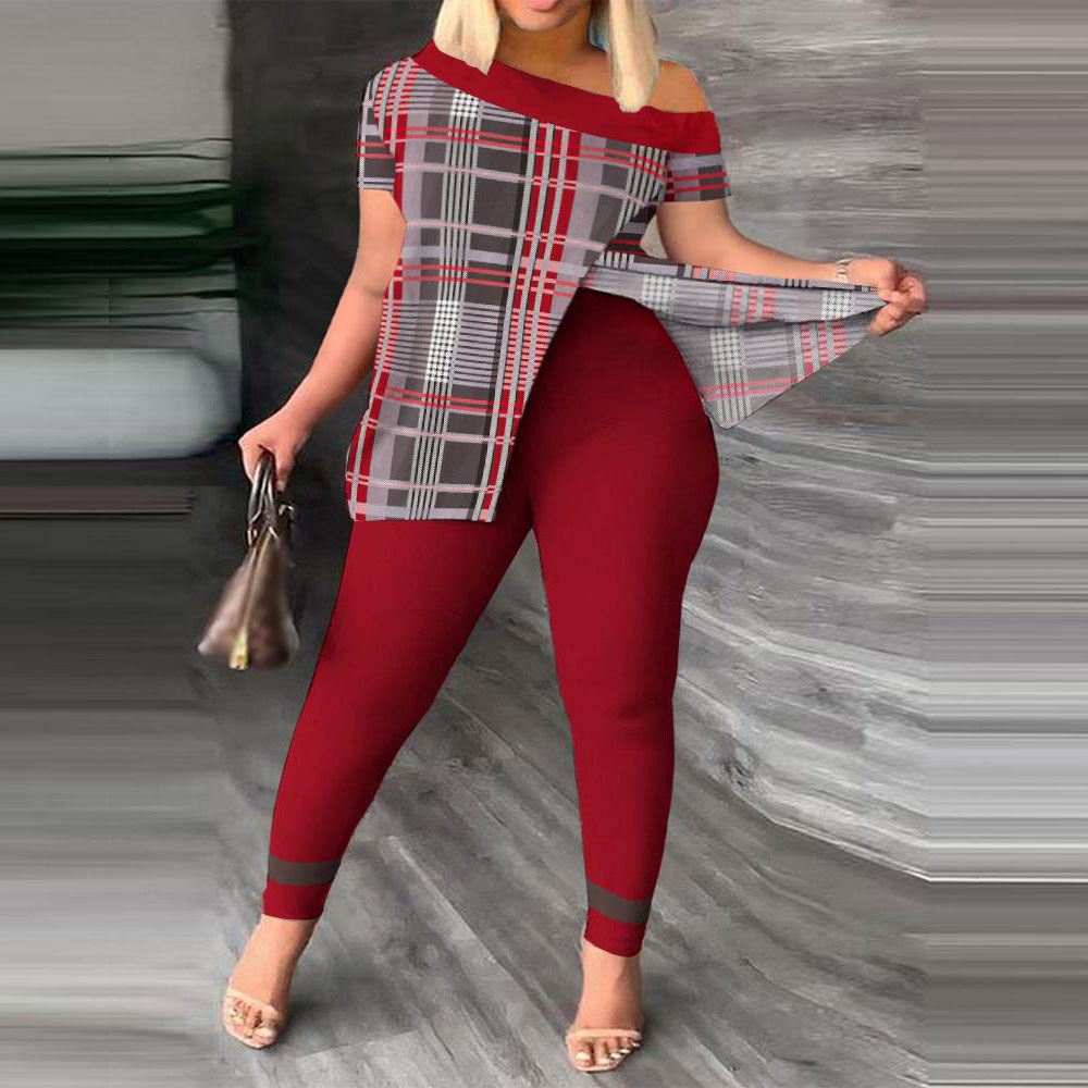 Split Print Short Sleeve Pants Set