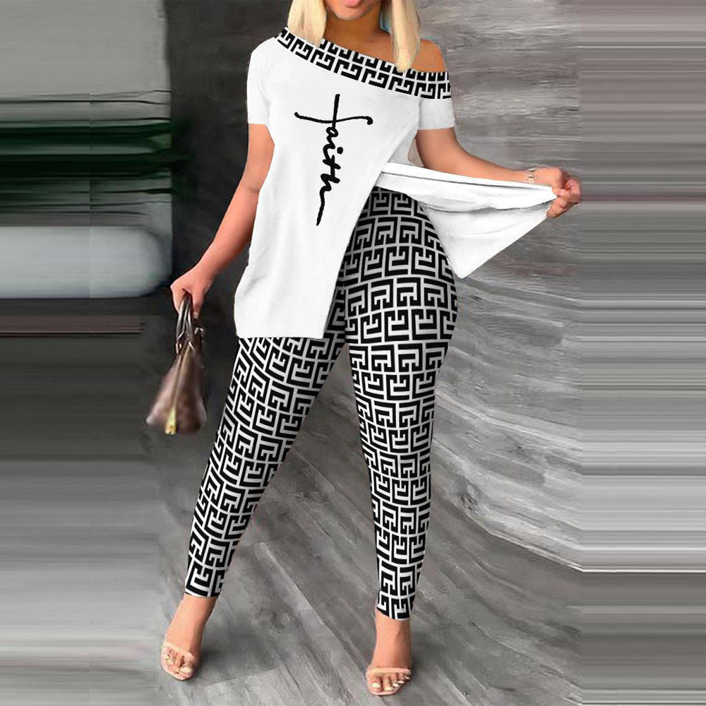 Split Print Short Sleeve Pants Set