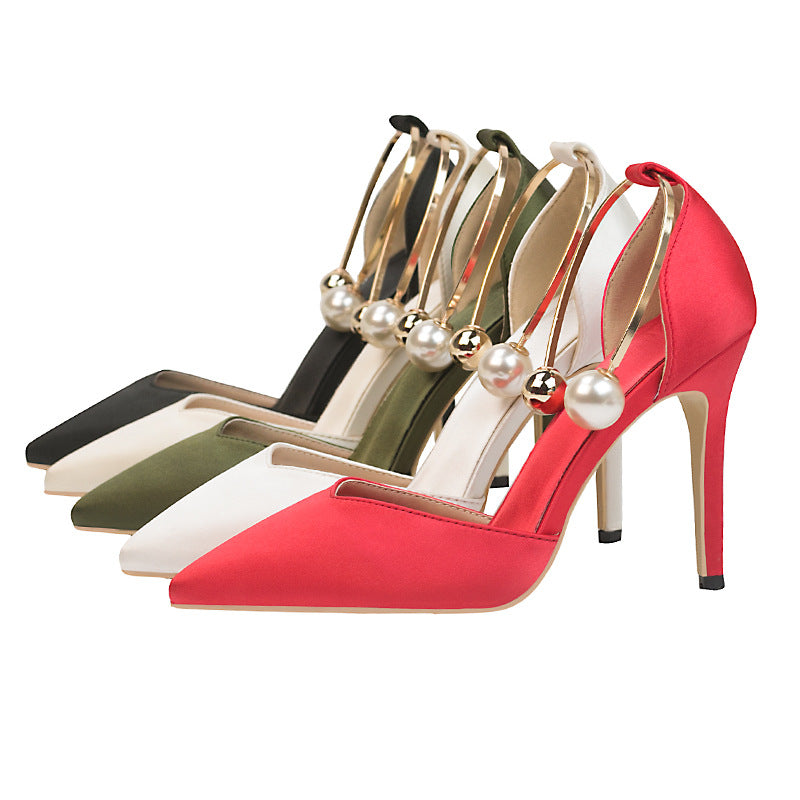 Low-cut Satin Hollow-out Pointed Toe Nightclub Metal Strap Sandals