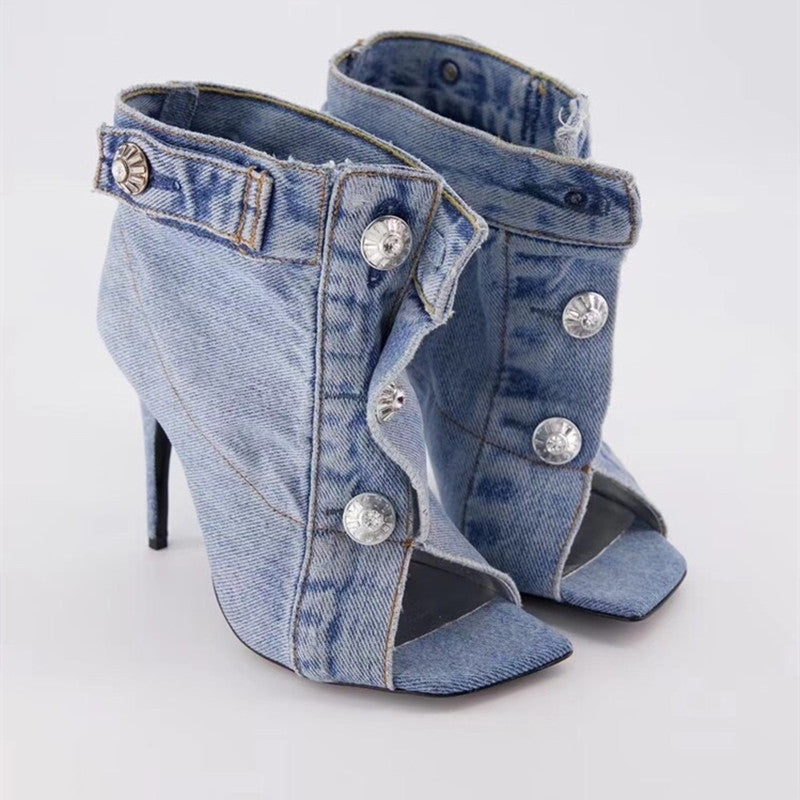 Short Boots High Heeled Rivets Denim Fabric Short Tube