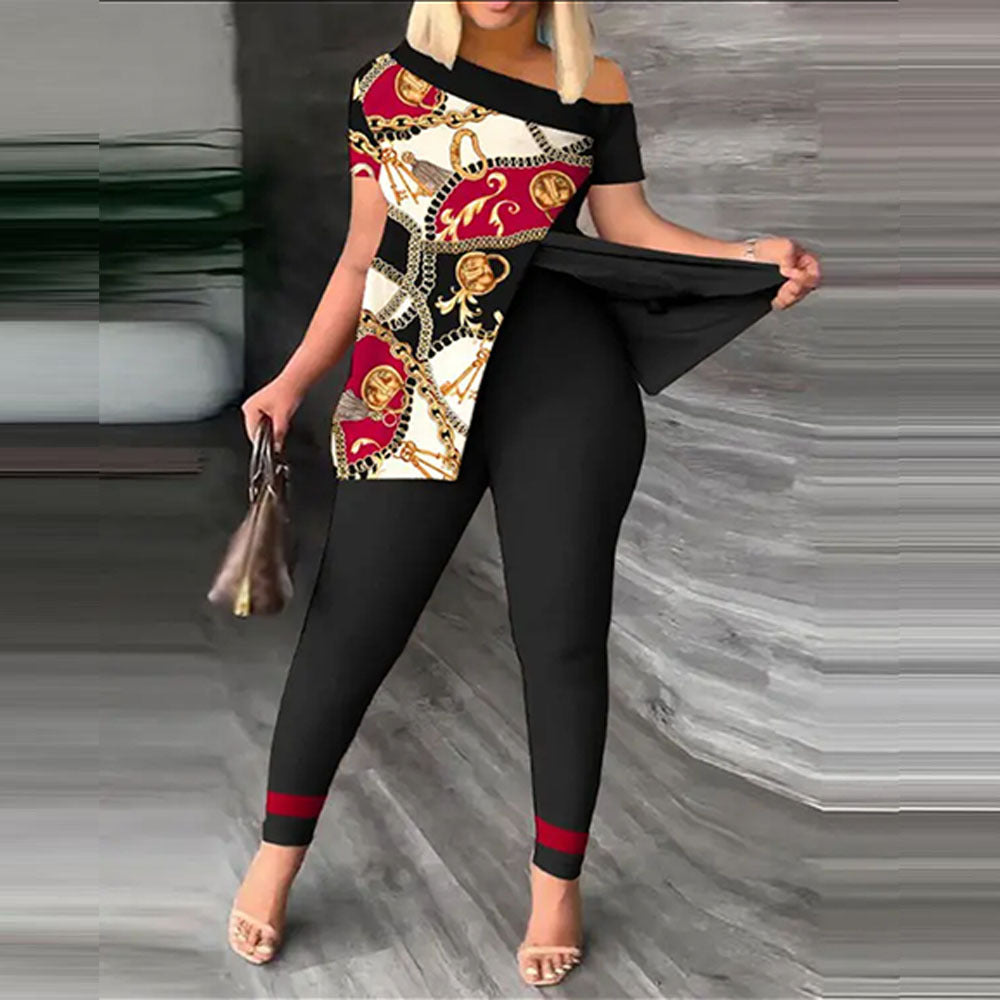 Split Print Short Sleeve Pants Set