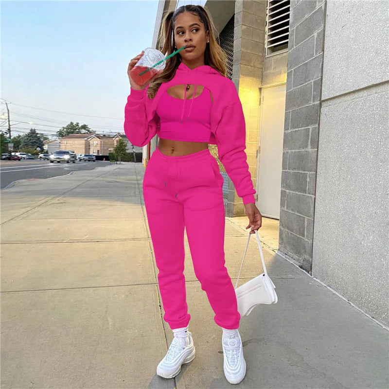 2022 women three-piece tracksuit suit with velvet drawstring solid color hooded sweater long-sleeve drawstring trousers and vest