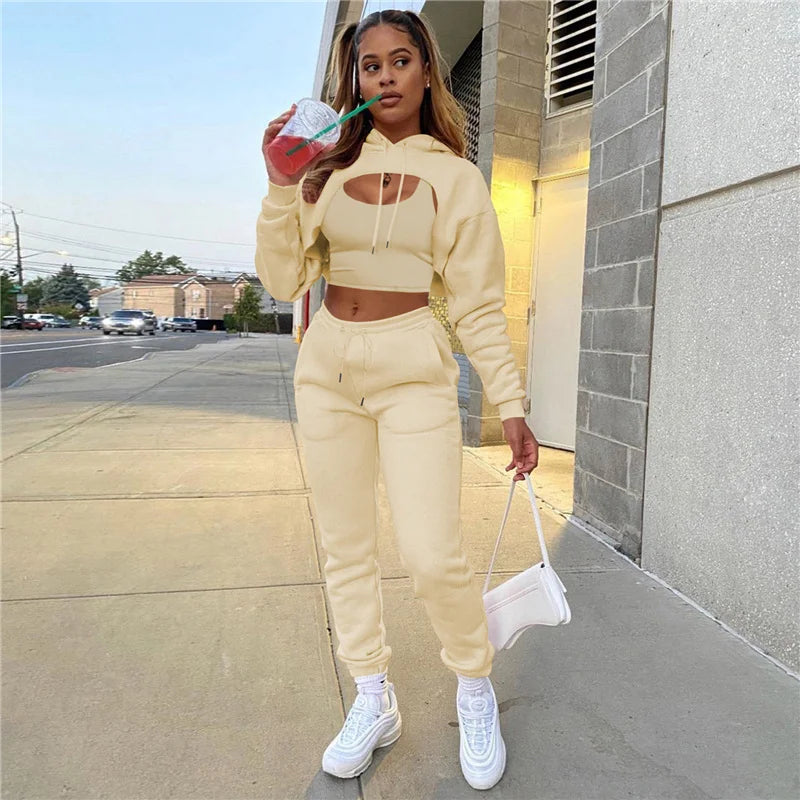 2022 women three-piece tracksuit suit with velvet drawstring solid color hooded sweater long-sleeve drawstring trousers and vest