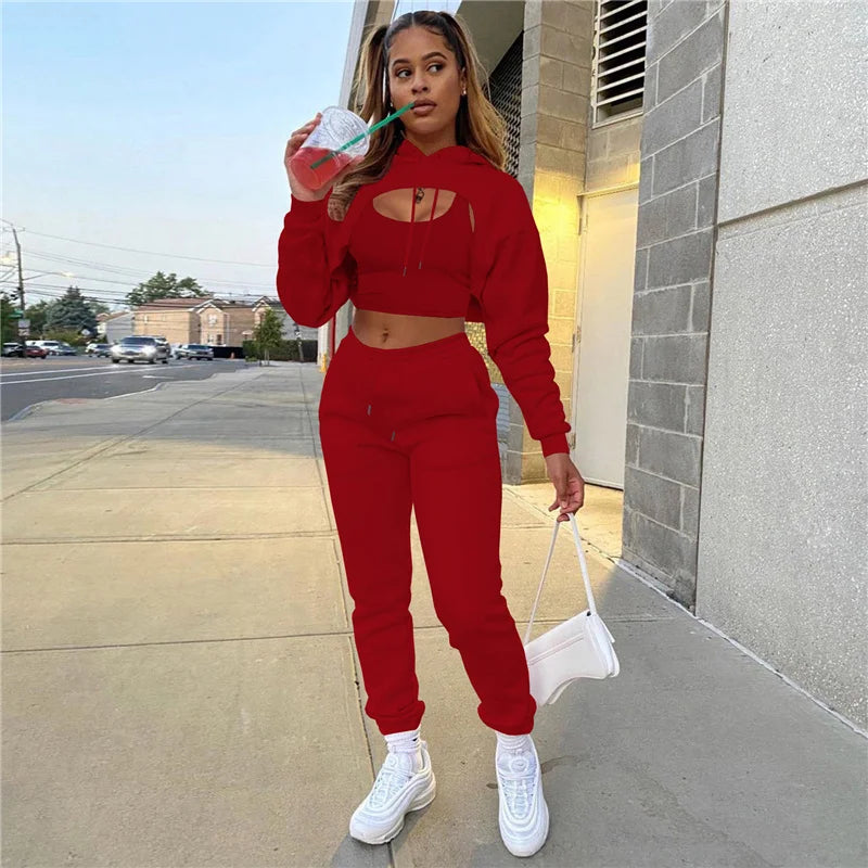 2022 women three-piece tracksuit suit with velvet drawstring solid color hooded sweater long-sleeve drawstring trousers and vest