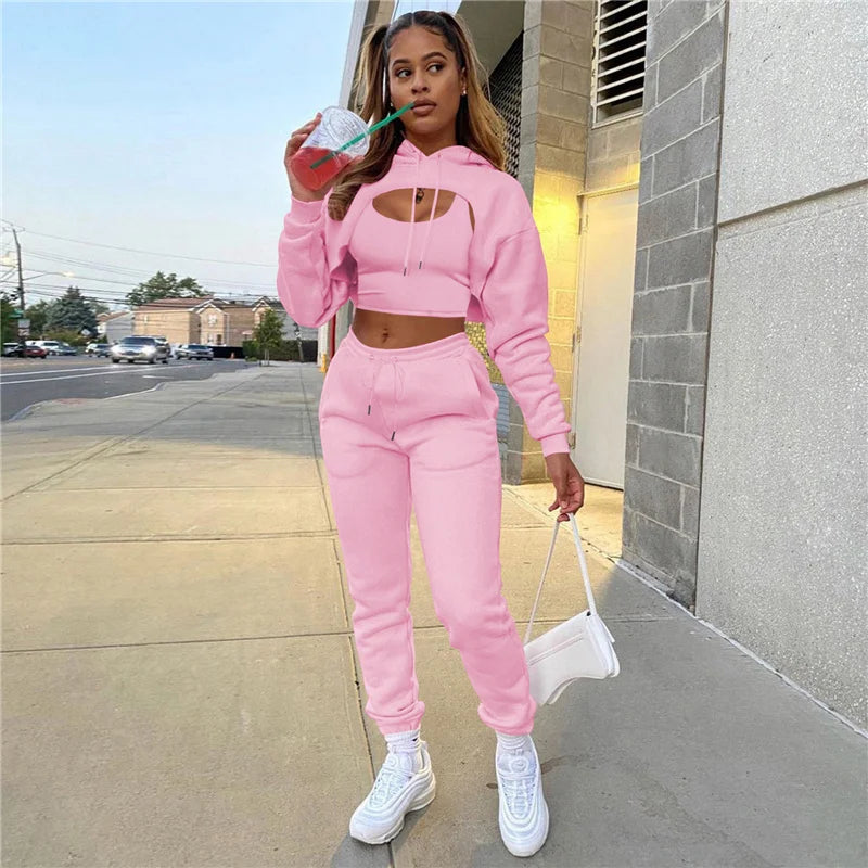 2022 women three-piece tracksuit suit with velvet drawstring solid color hooded sweater long-sleeve drawstring trousers and vest