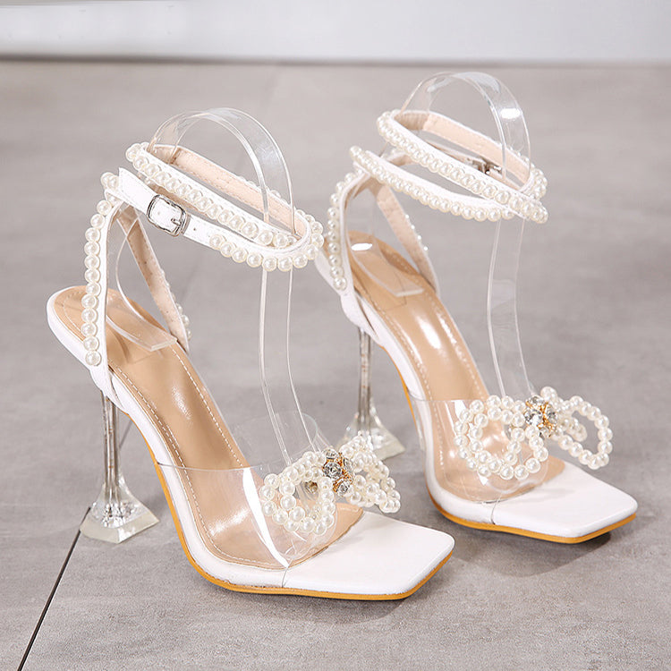 Pearl Bow Sandals For Women Summer Square Toe Thin High Heel Shoes