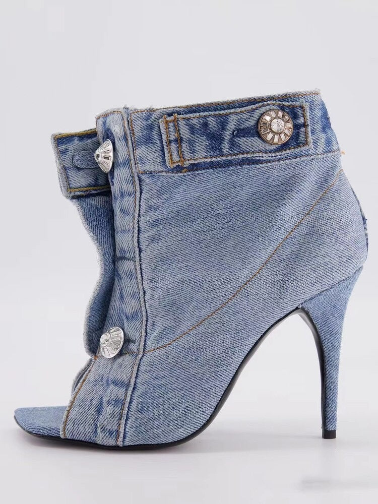 Short Boots High Heeled Rivets Denim Fabric Short Tube