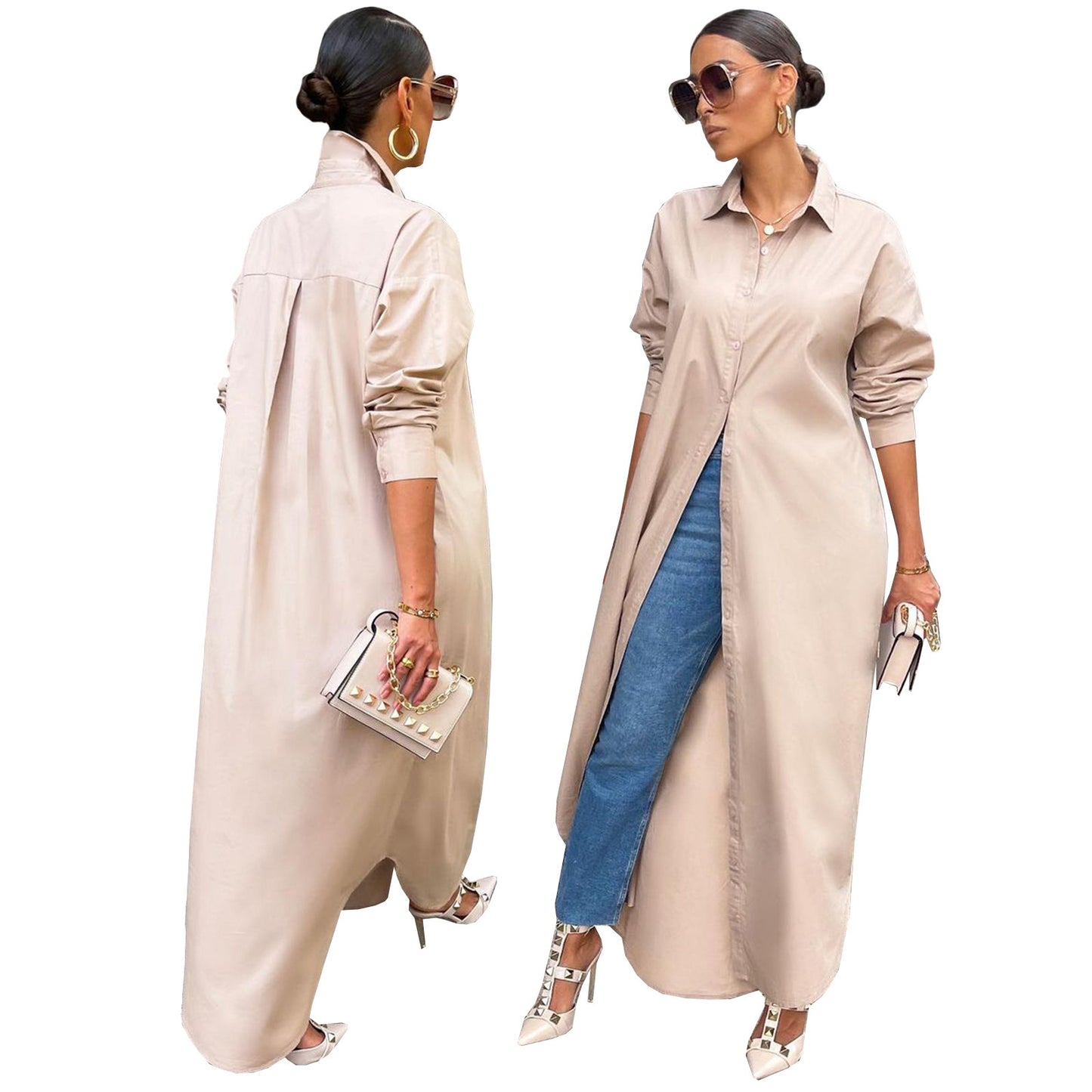 Women's Fashion Casual Solid Color Long Shirt Coat