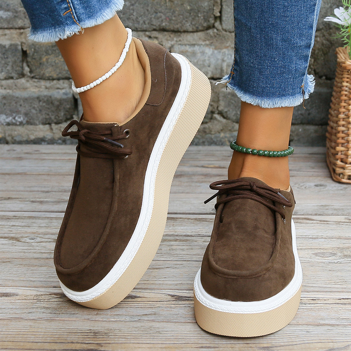 New Thick Bottom Lace-up Flats Women Solid Color Casual Fashion Lightweight Walking Sports Shoes