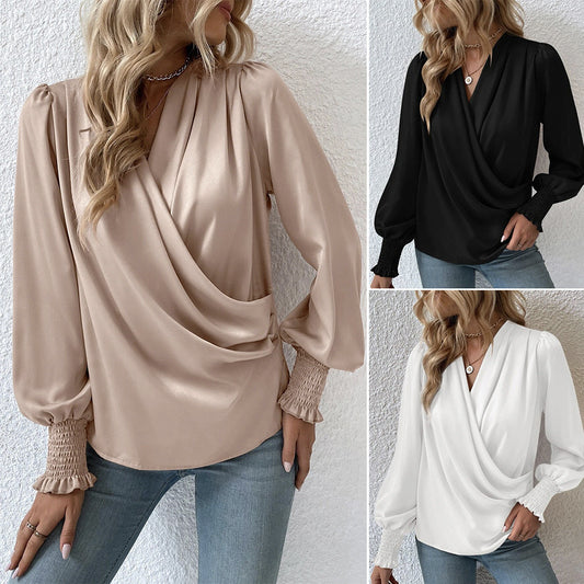 Women's Elegant Women's V-neck Lantern Sleeve Style Solid Color Shirt