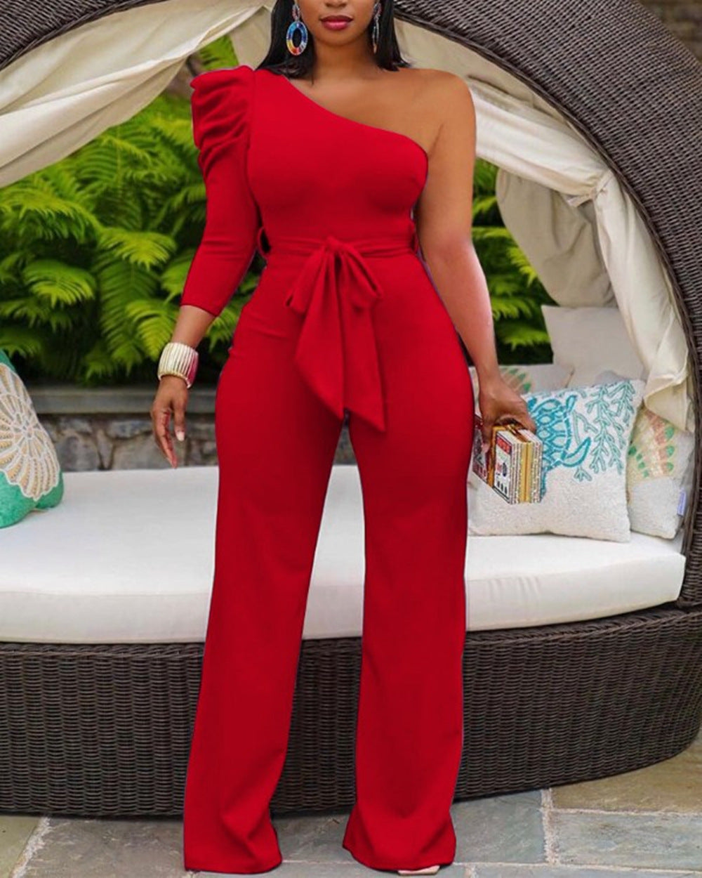 Solid Color Stitching Slant Shoulder Waist One-piece Wide-leg Pants