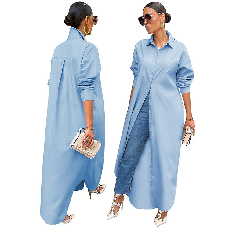 Women's Fashion Casual Solid Color Long Shirt Coat