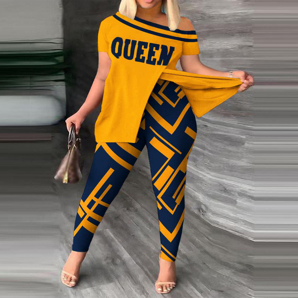 Split Print Short Sleeve Pants Set