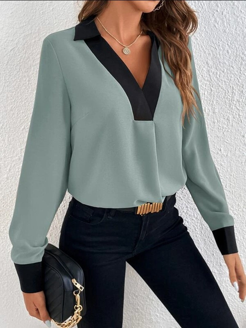 Women's V-collar Contrast Color Casual Shirt