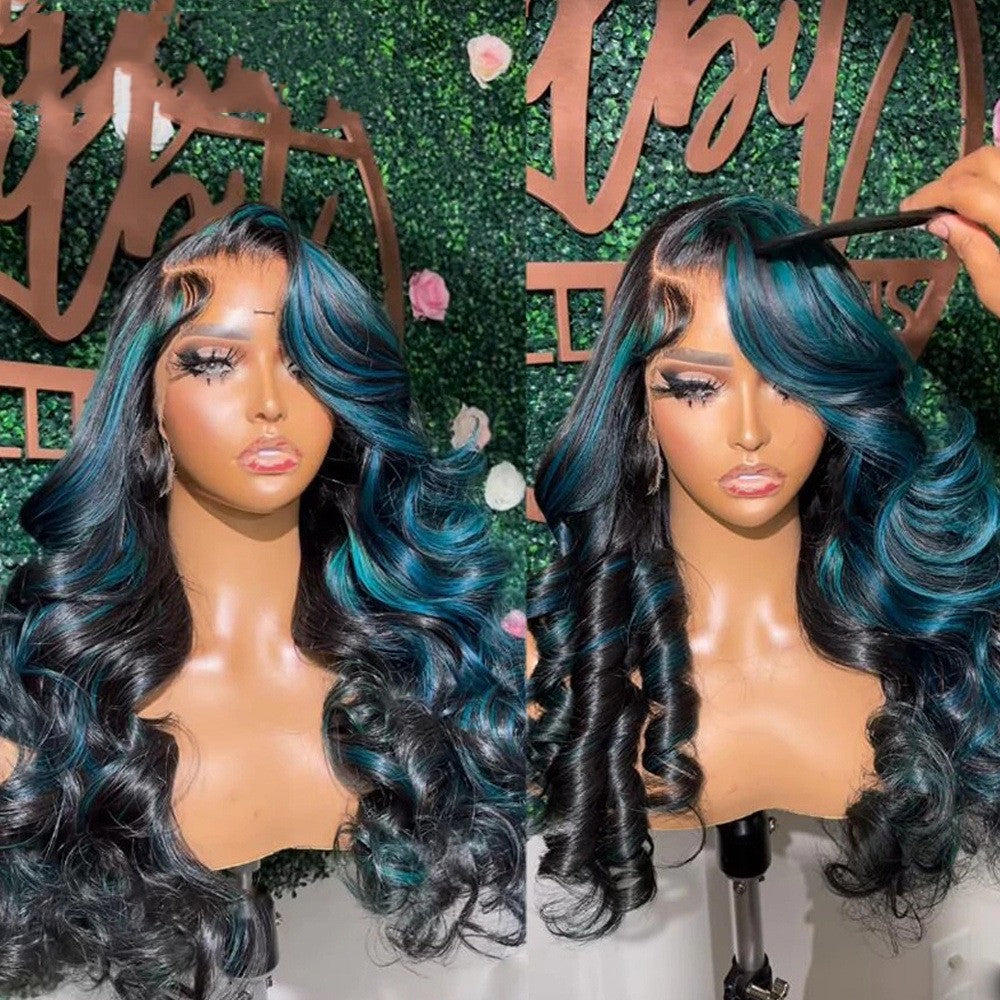 Blue Green Highlight Piano Color Big Wave Wig