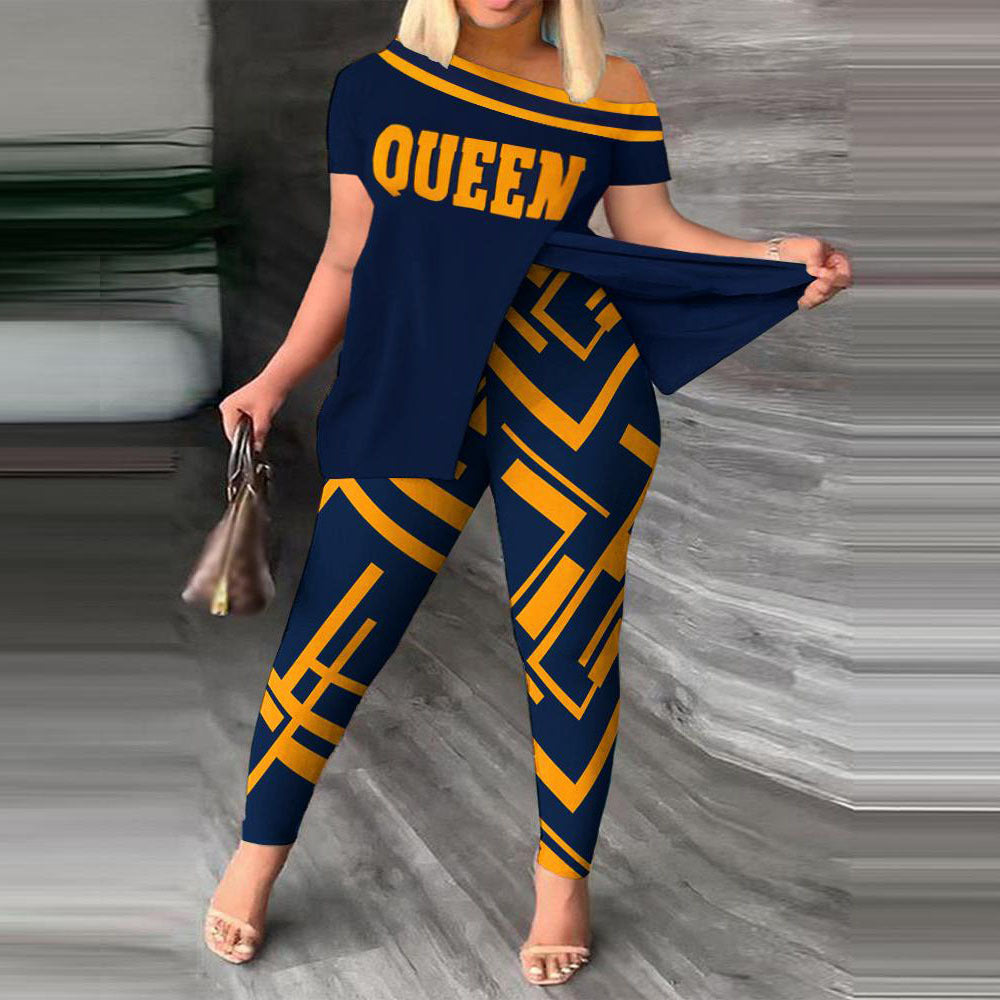 Split Print Short Sleeve Pants Set