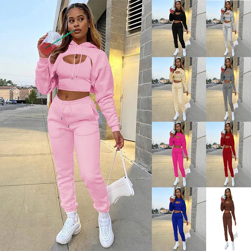 2022 women three-piece tracksuit suit with velvet drawstring solid color hooded sweater long-sleeve drawstring trousers and vest